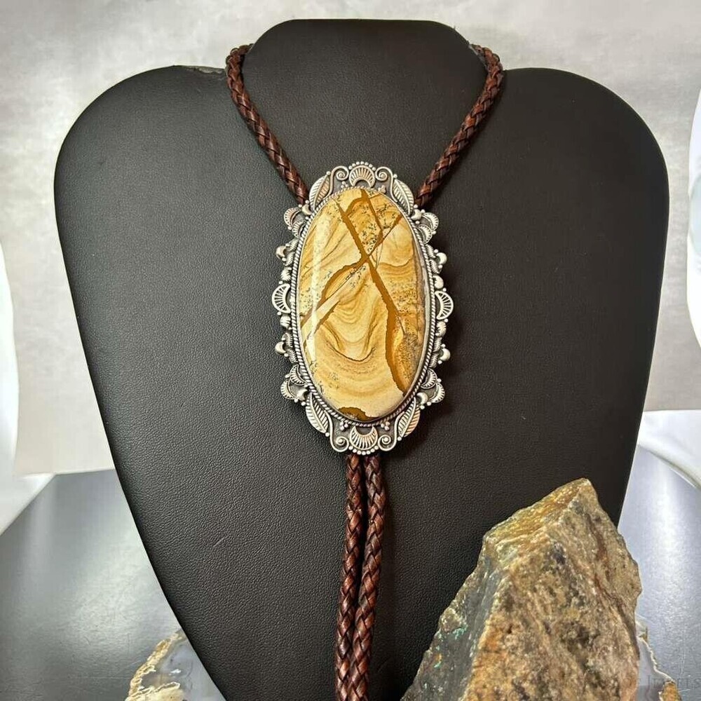 Sterling Southwestern Style Oval Picture Jasper Decorated Bolo Tie For Men